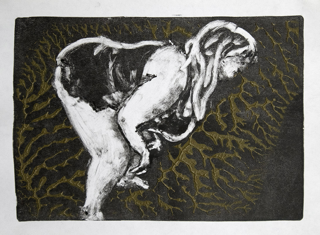 Continual Negotiation, Black and white monoprint of woman surrounded by dendritic texture in yellow ochre.